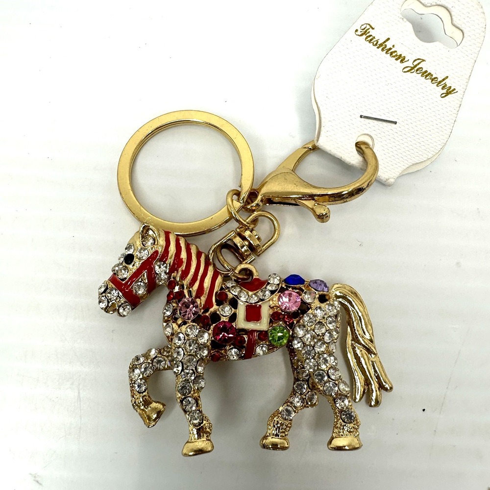 Rhinestone Horse Keychain Gold Tone Colorful Crystal Animal Bag Charm NWT